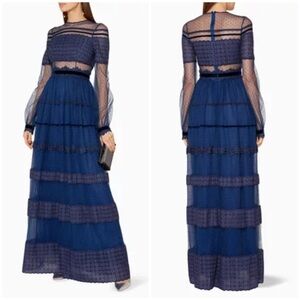 NWT Costarellos Blue Lace Panelled Maxi Dress Prairie Dot Tulle Sz 34